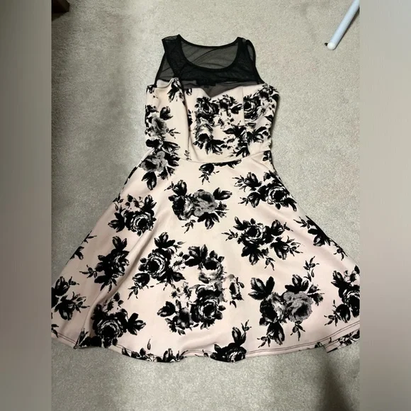 Baby Pink and Black Rosette Mesh Dress - Picture 3 of 6